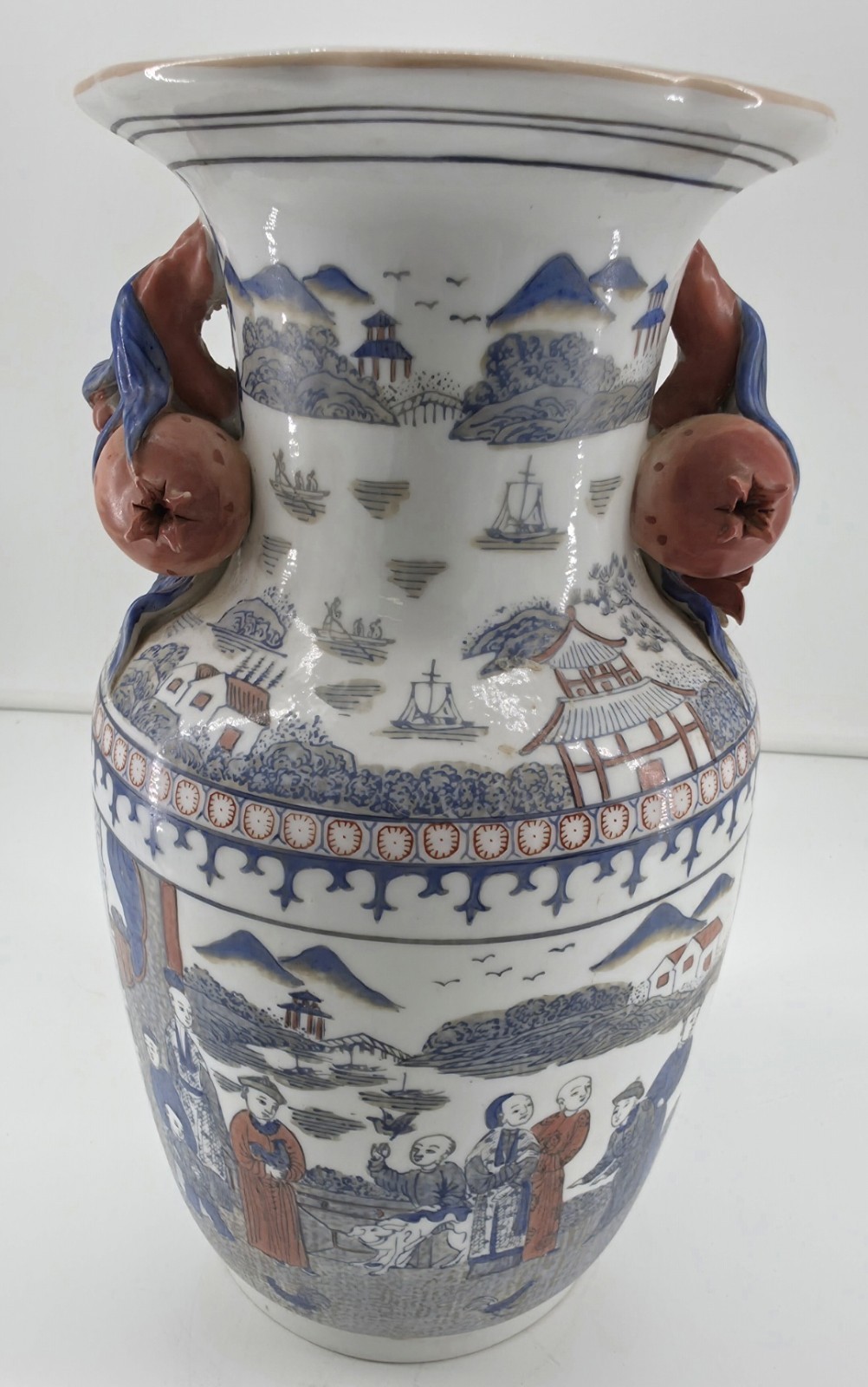 Antique Chinese Export Porcelain 14″ Vase • Pomegranate Handles 1890–1940