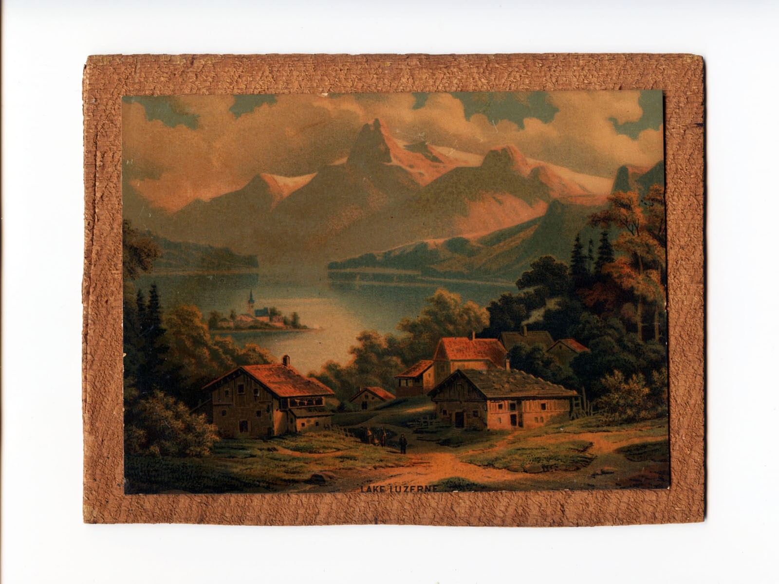 Antique Lake Luzerne NY Adirondack Mountains Chromo-Lithograph Wood Mounted Art