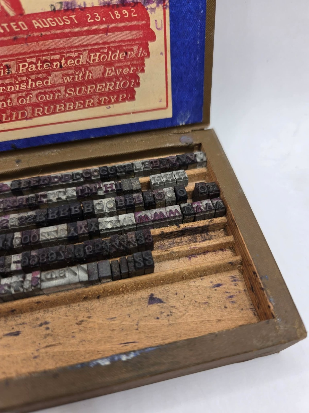 Antique Superior Solid Rubber Type Set w/ Box Patented Aug. 23 1892 Complete