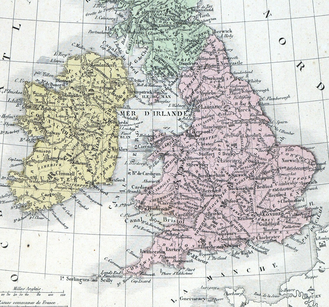 1850 Vuillemin Map British Isles United Kingdom England Scotland Ireland London