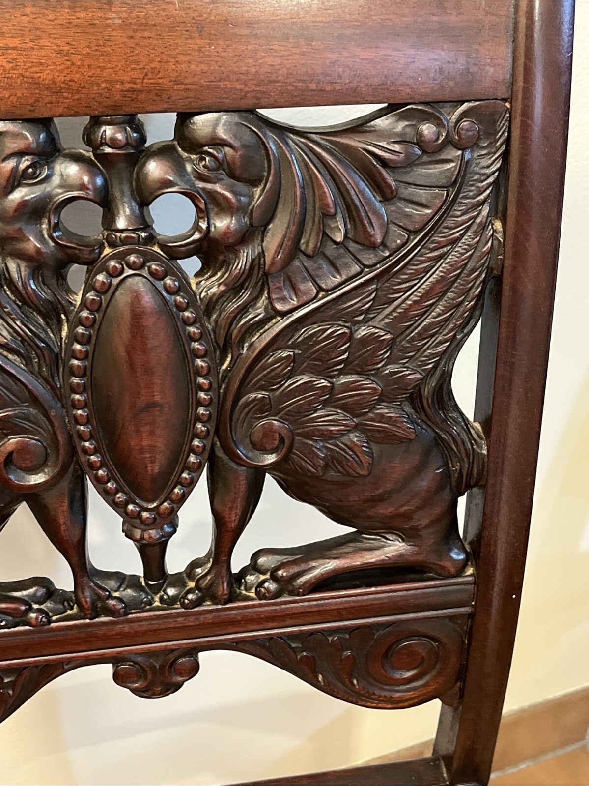 Antique Victorian Renaissance Carved Winged Griffin Pair Of Chairs
