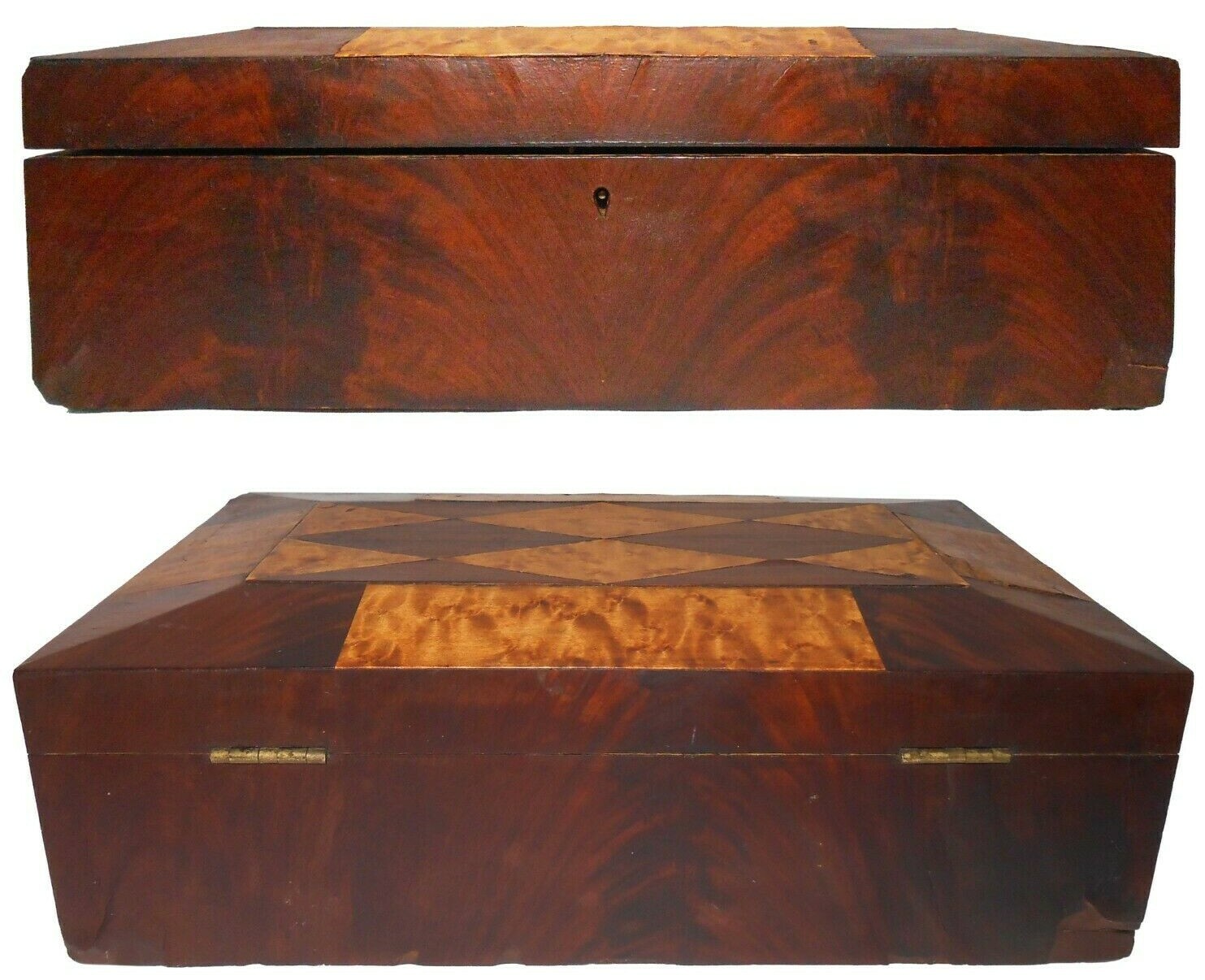 RARE SHAKER 19TH C ANTIQUE FIG’D MAPLE & MAHOGHANY INLAID DIAMOND WD SEWING BOX