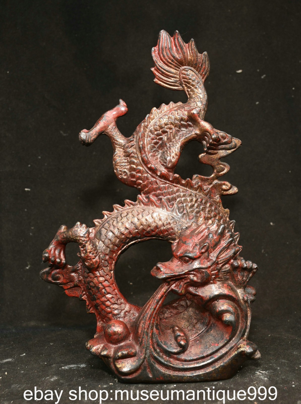 10.2″ Qianlong Chinese Bronze Gilt Cloud Dragon Fengshui Statue Sculpture