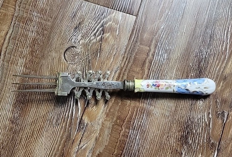 Antique Patent Accordian Extending Meat Serving Fork Porcelain Floral Utensil