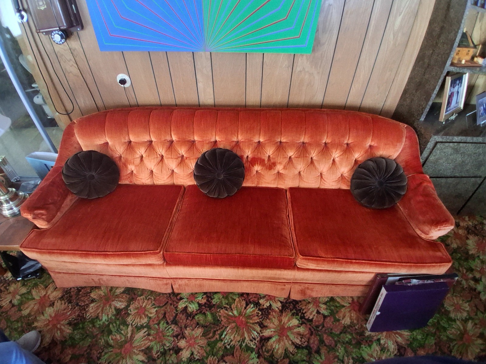 Vintage Orange Velvet Tufted Sofa 1950s Style Up to 4 Seats 82″ x 33″ x 29″
