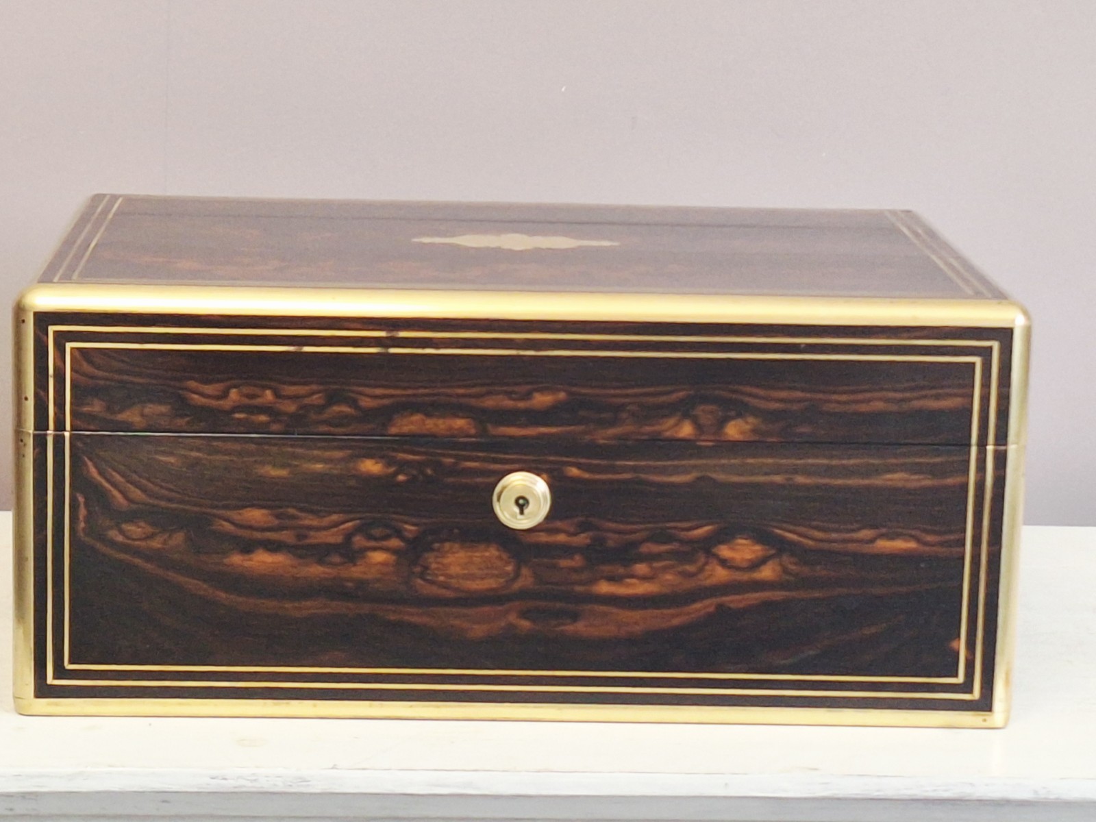 coromandel & Brass Bound Dressing /trinkets/jewellery Box, 1870’s With Key