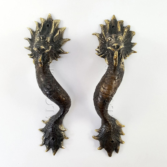 4 Dragon door pull 30 cm aged brass vintage old style house handle 12″ B