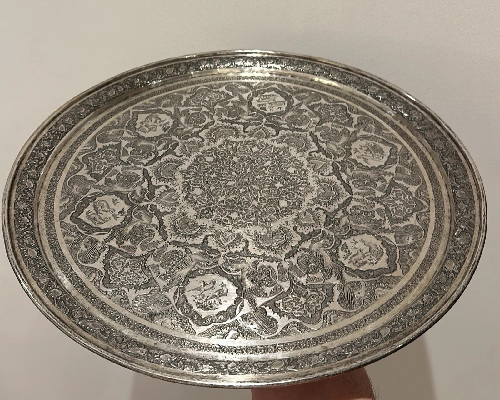 Superb Quality Round Persian Silver Drinks Tray With Contrast Engraving. 1920.