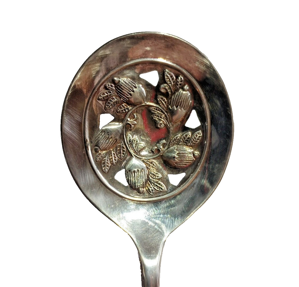 Vintage SB Silver Plate Italy Acorn & Oak Leaf Slotted Serving Spoon, 8.5″