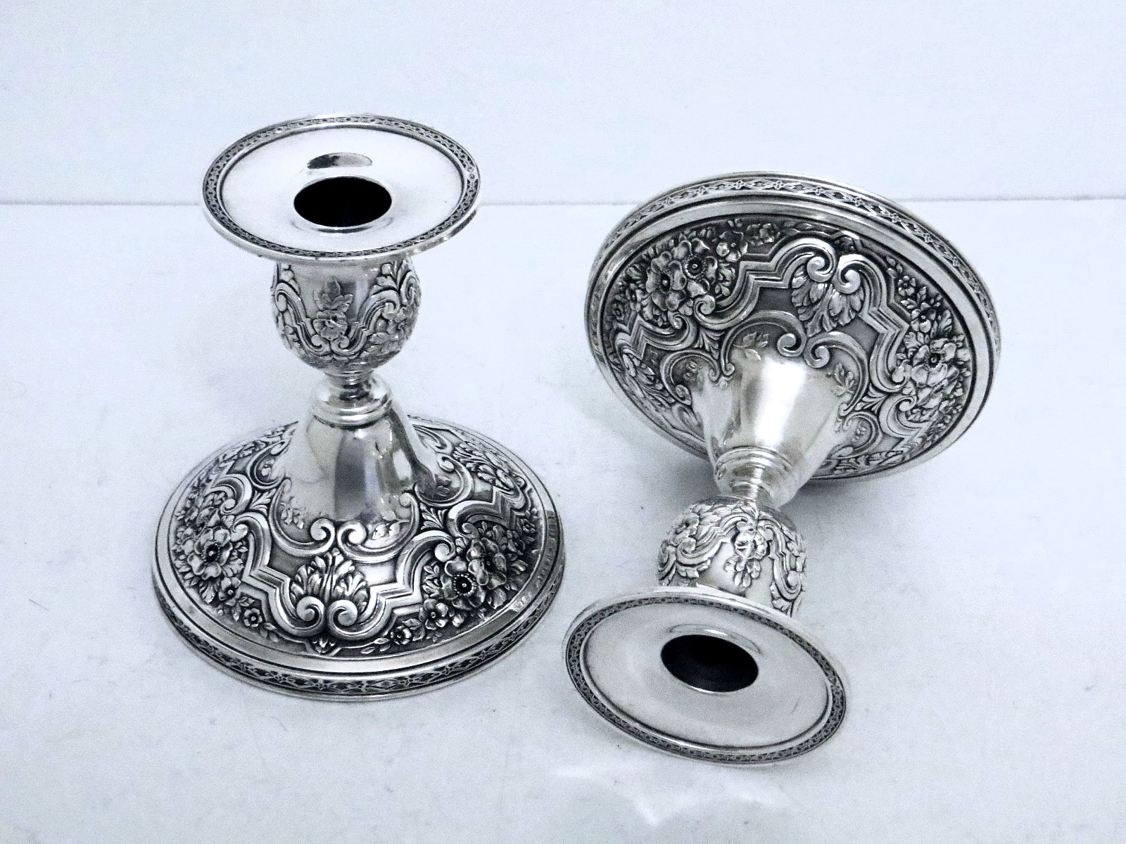 1940 WILCOX SP CO PAISLEY DECO EMBOSSED ORNATE SOLID CONSOLE CANDLESTICKS SET