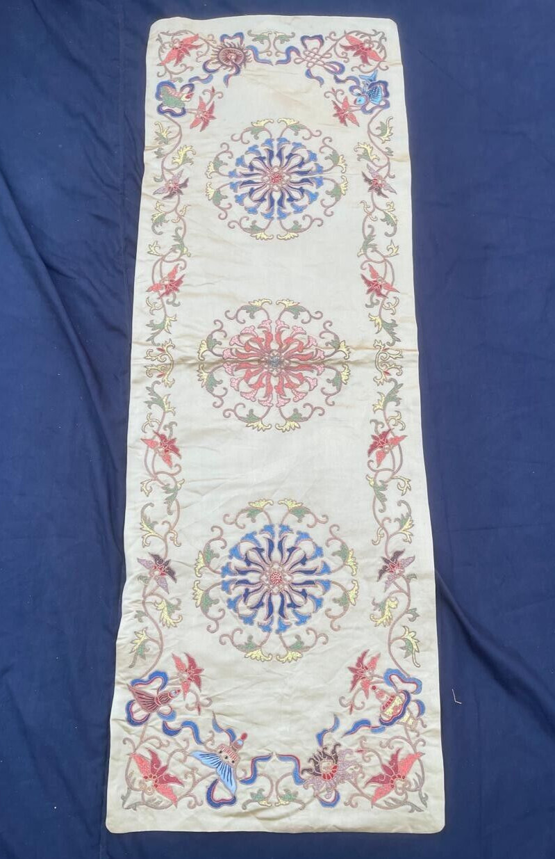 Antique Chinese Silk embroidered textile Panel wall hanging 40×13 inches