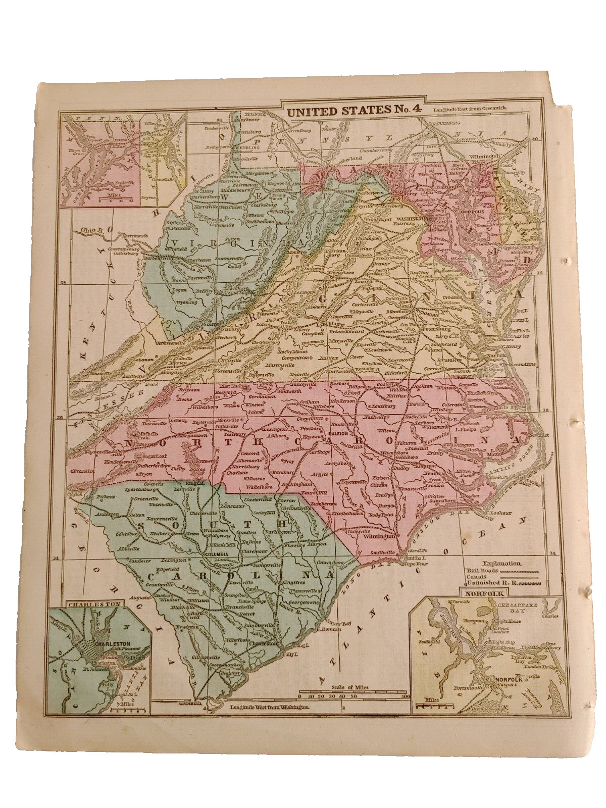 1866 Hand-Colored Map of “United States No 4″ SC NC VA WV MD 11″ x 9” #20827
