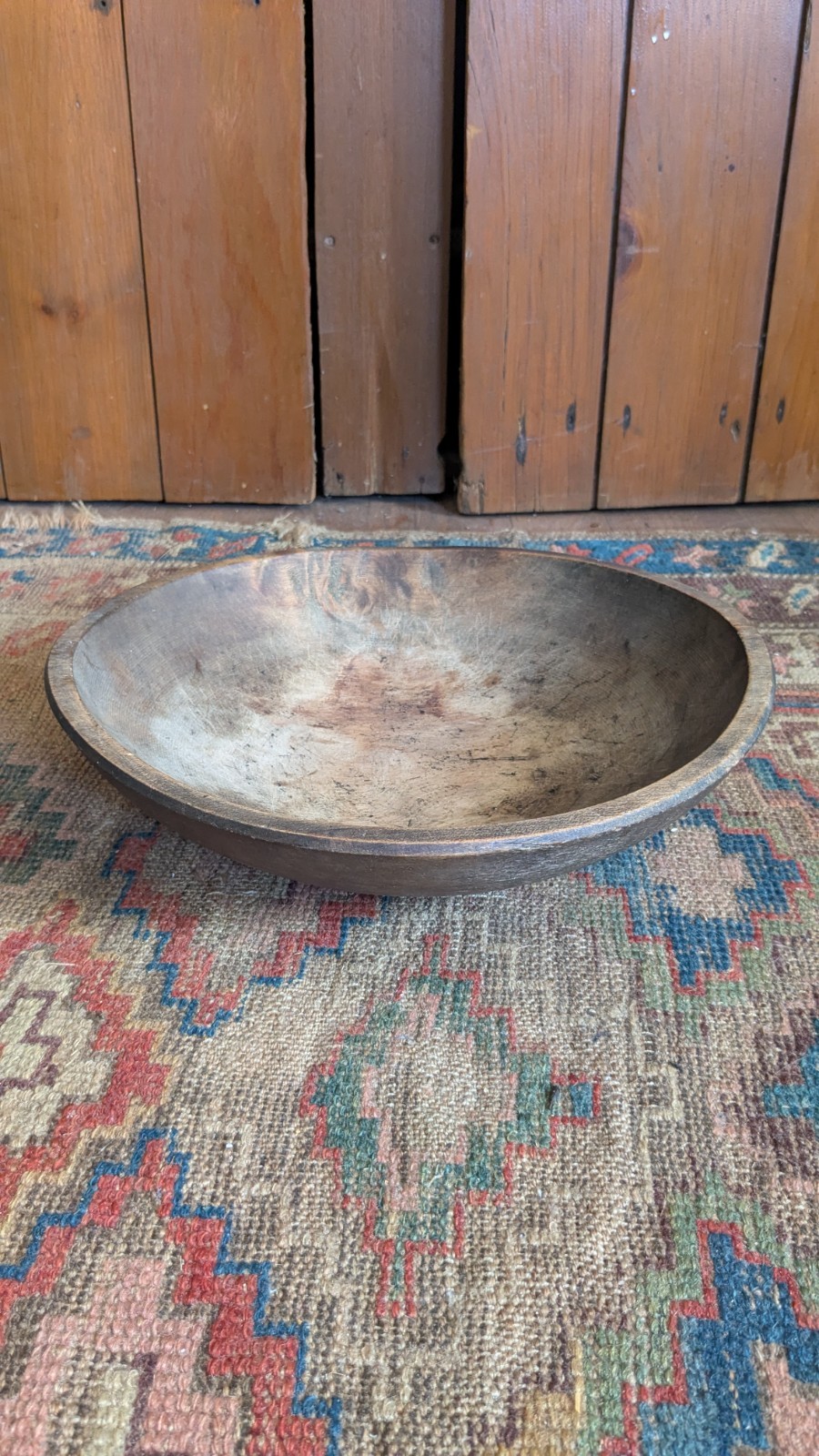 Antique Early Primitive Dark Wood Rimmed Dough Bowl 12.75″