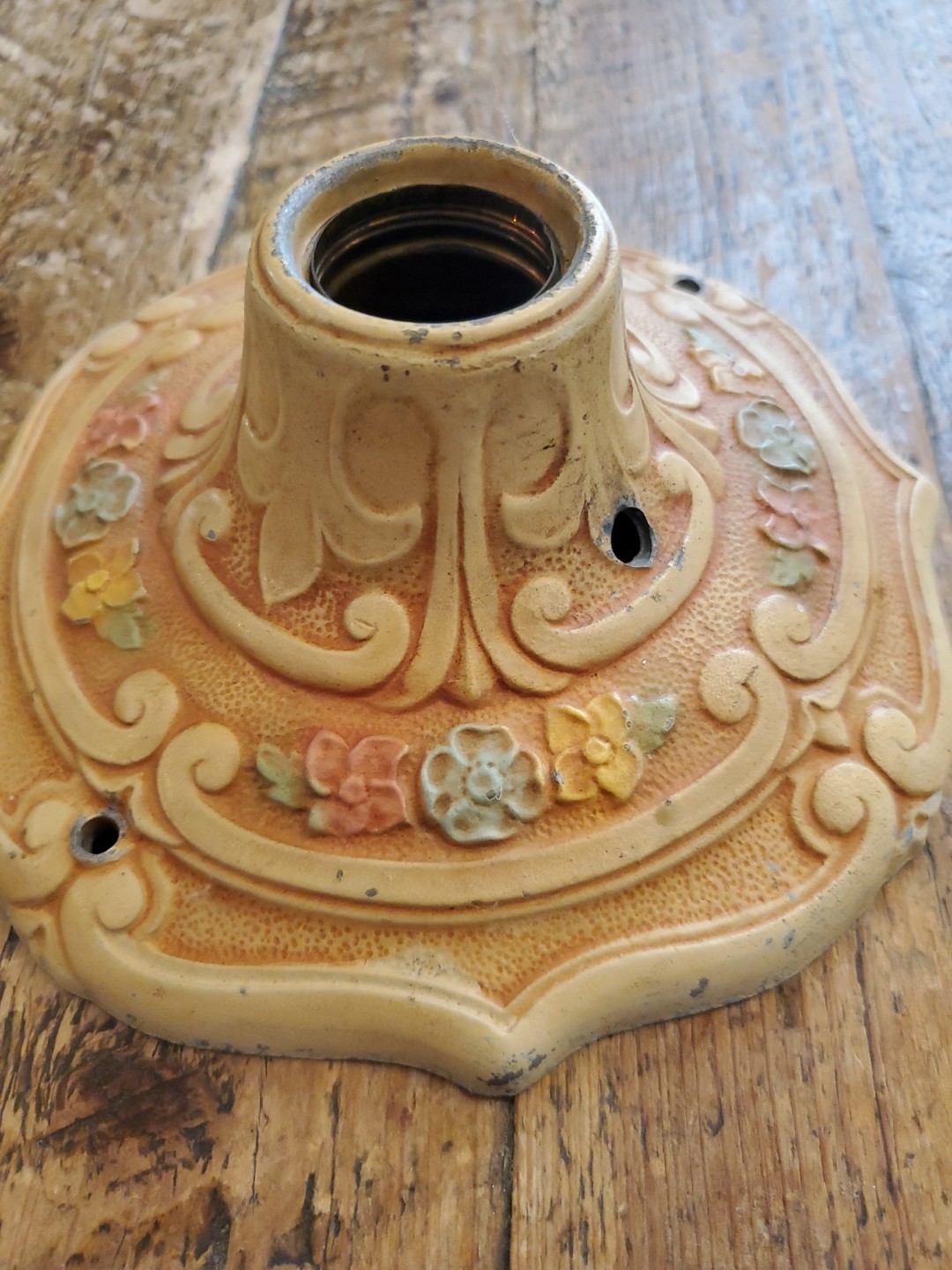 1920-30s Cast Iron Flush Mount Fixture Single bulb Antique VICTORIAN floral