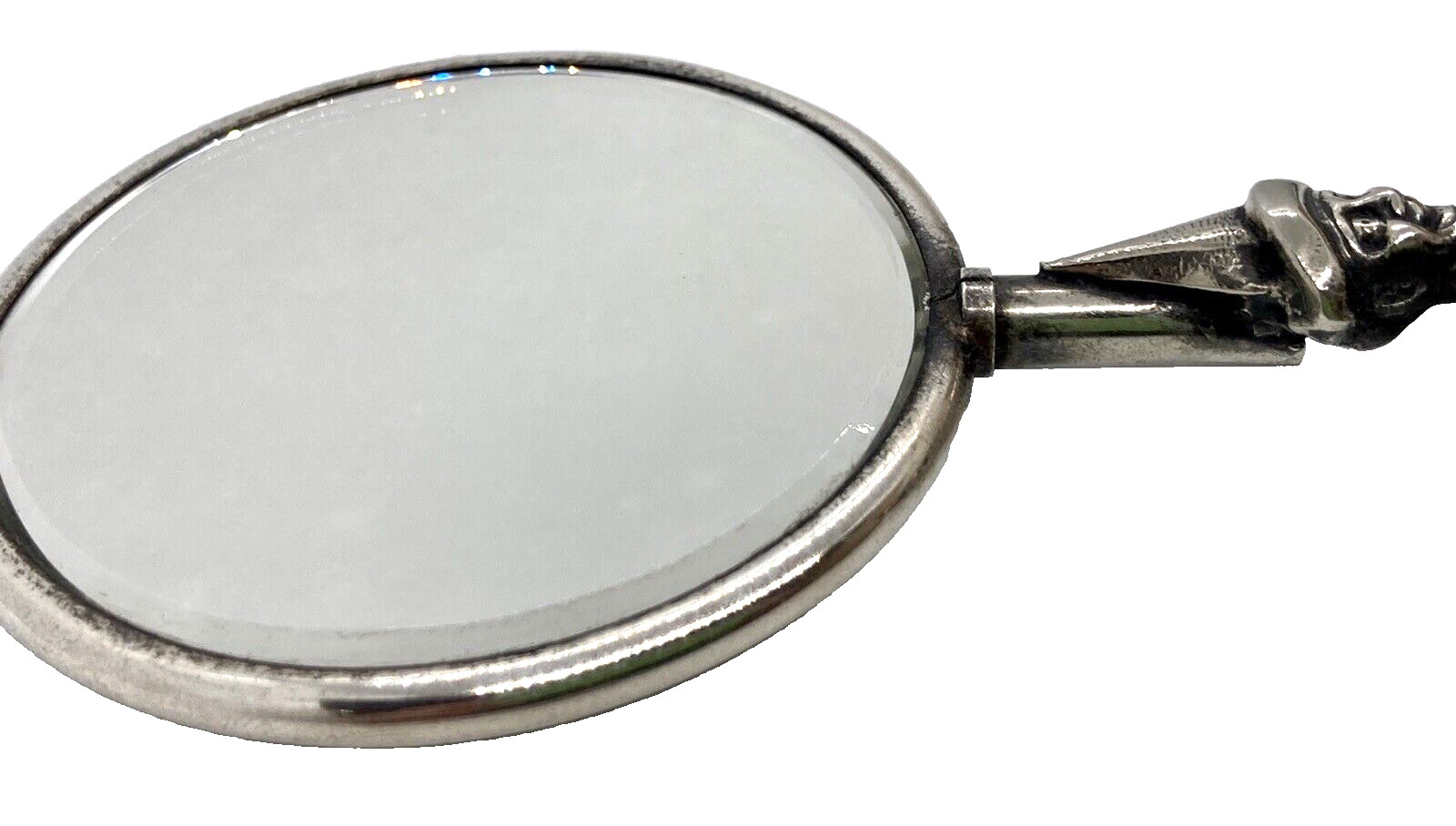 OLD SILVER ANTIQUE/VINTAGE SMALL VANITY TRAVEL MIRROR CLOWN PIERROT HANDLE, 7 in