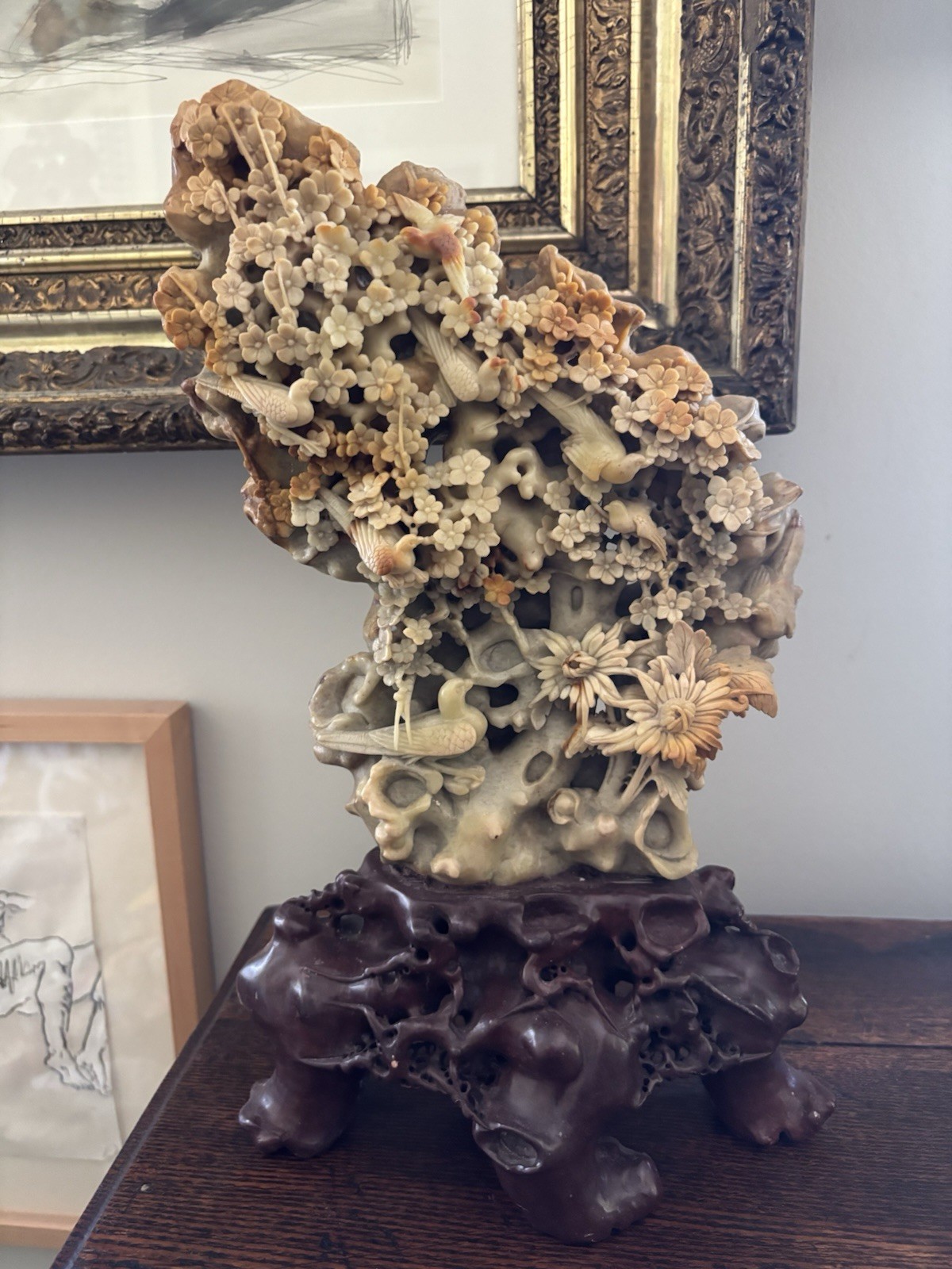 Antique Chinese Soapstone Scholars Stone With Flowers & Birds Carved Wood Base