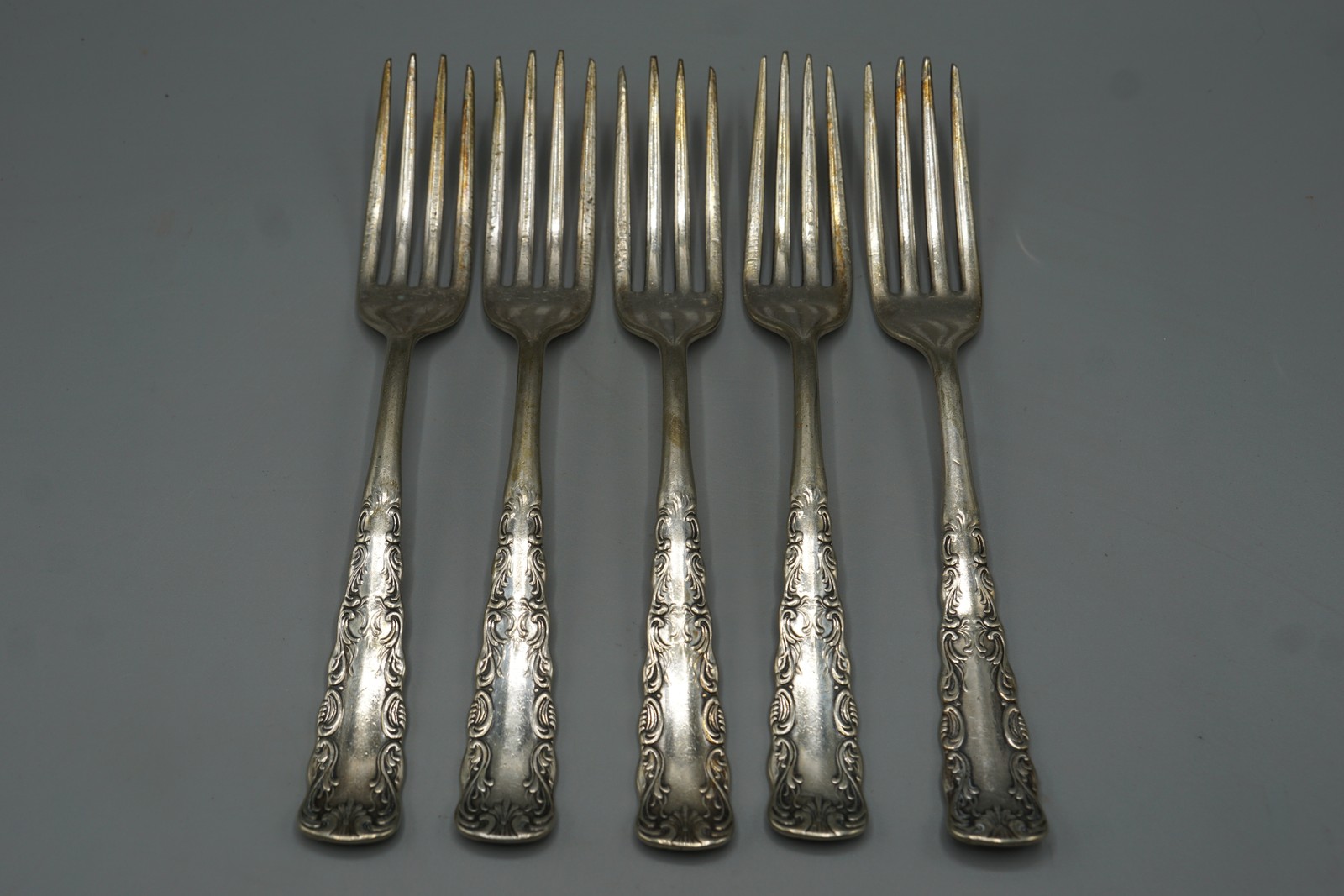 Set of 5 Antique Ornate Silverplate Dinner Forks 1835 R. Wallace Flatware