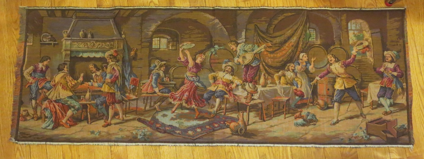 Antique Country Tavern Scene Tapestry, Made in Belgium 56.5″ x 20″