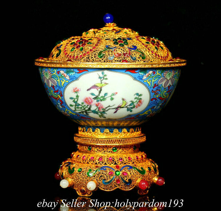 8.8″ Chinese Copper 24K gold gilt Enamel Filigree Colour enamels Porcelain Bowl