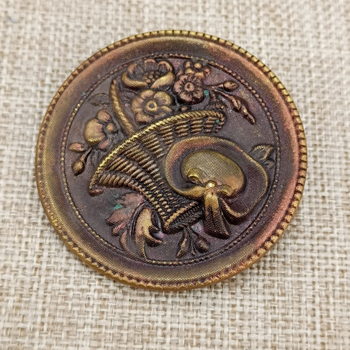 Victorian Antique Brass Button 38mm 1.5″ Pictorial Basket Flowers Hat Tinted