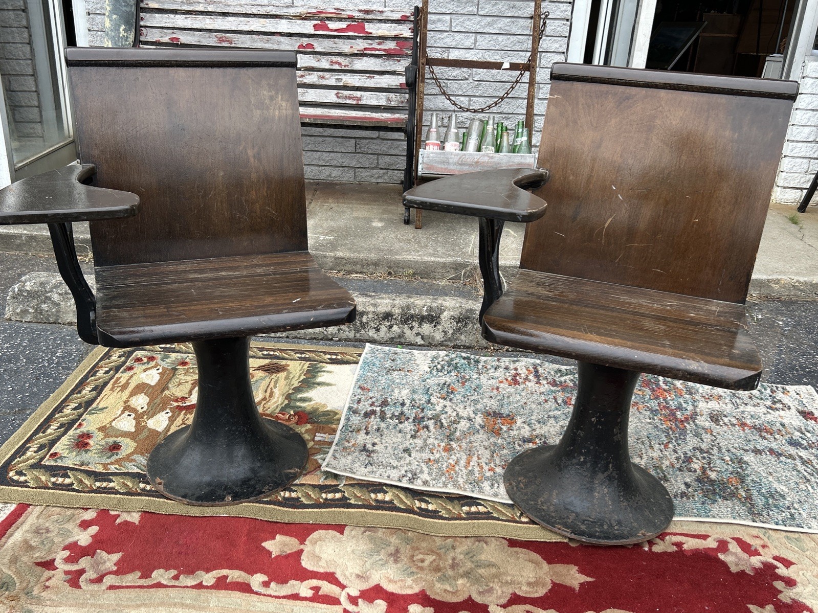 Pair Of Antique Industrial 1800-1920’s School Chairs. Cast Iron Base (Rare)