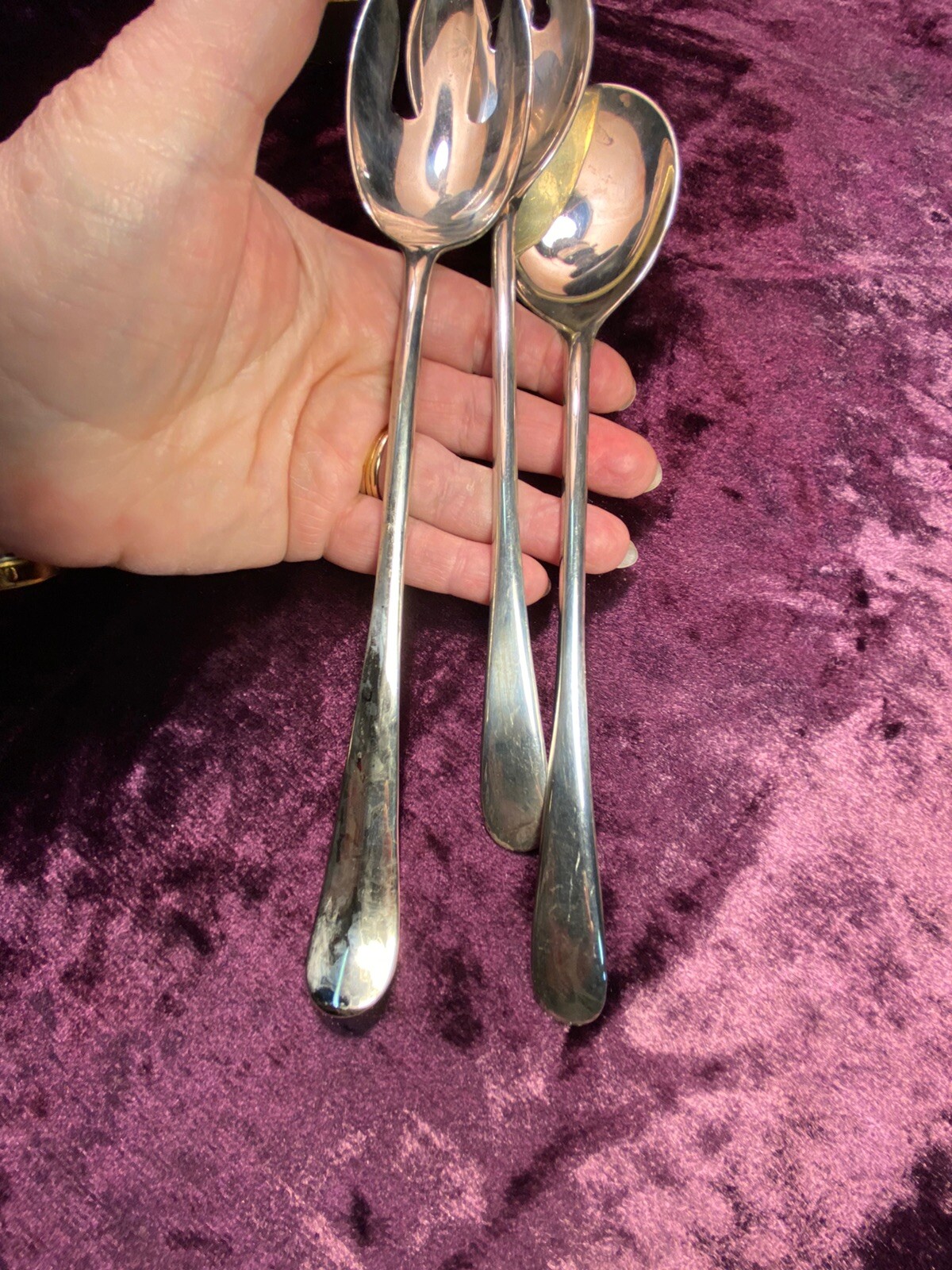 Set Of 3 Silver Plate Long Handled 10” Italy Saladspoonsforks F34
