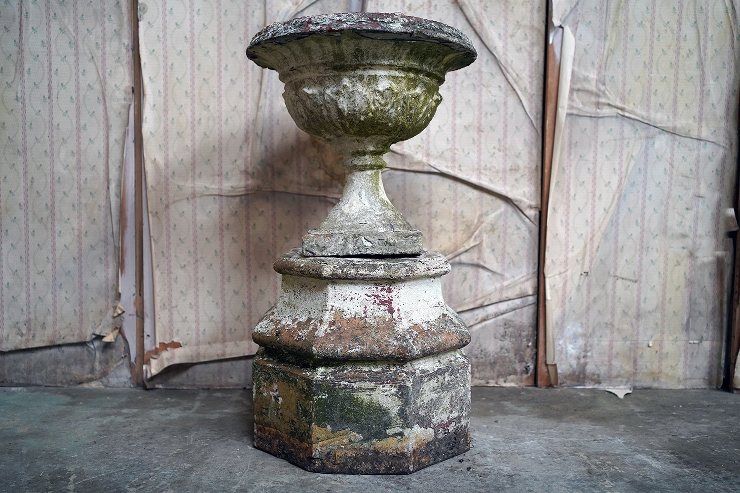 Antique Late 19thC Painted Stone Garden Tazza Urn on Stand c.1900