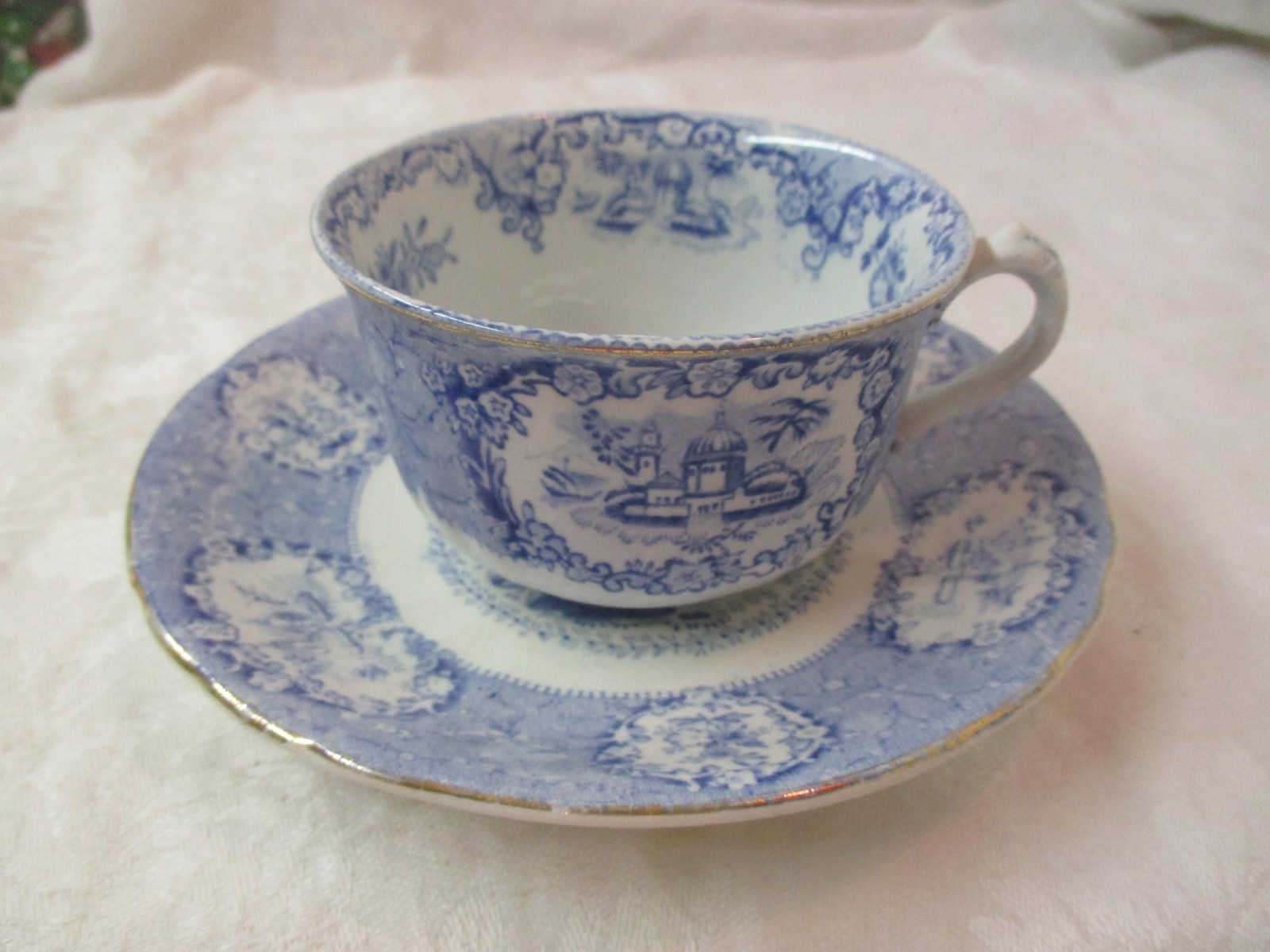 Antique England Ridgways Blue white Flat 2 1/4″ Cup & 6″ Saucer Oriental
