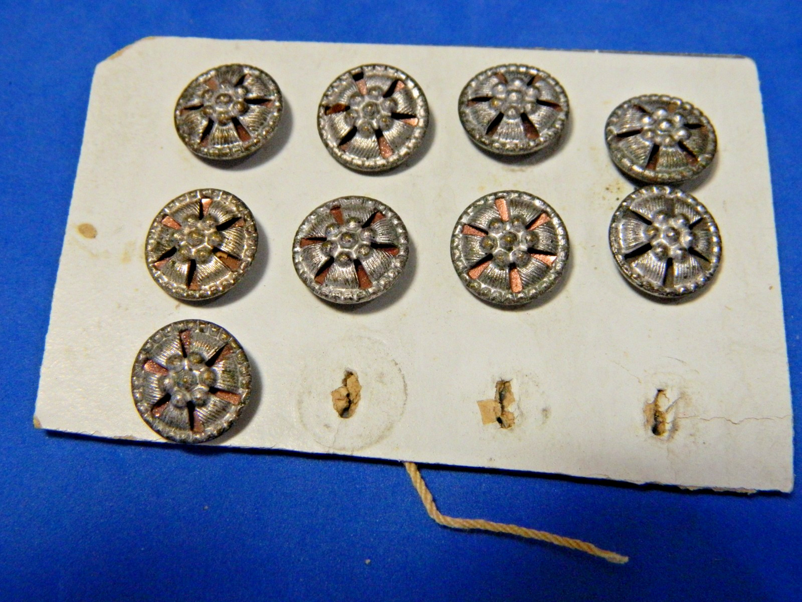 LOT of 9 Antique Metal VEST Buttons w White Metal Copper Twinkle Openwork