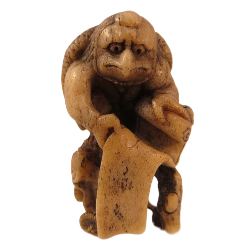 Japanese Stag Antler Netsuke Karasu-Tengu Yokai with Scroll in Pine Tree Japan