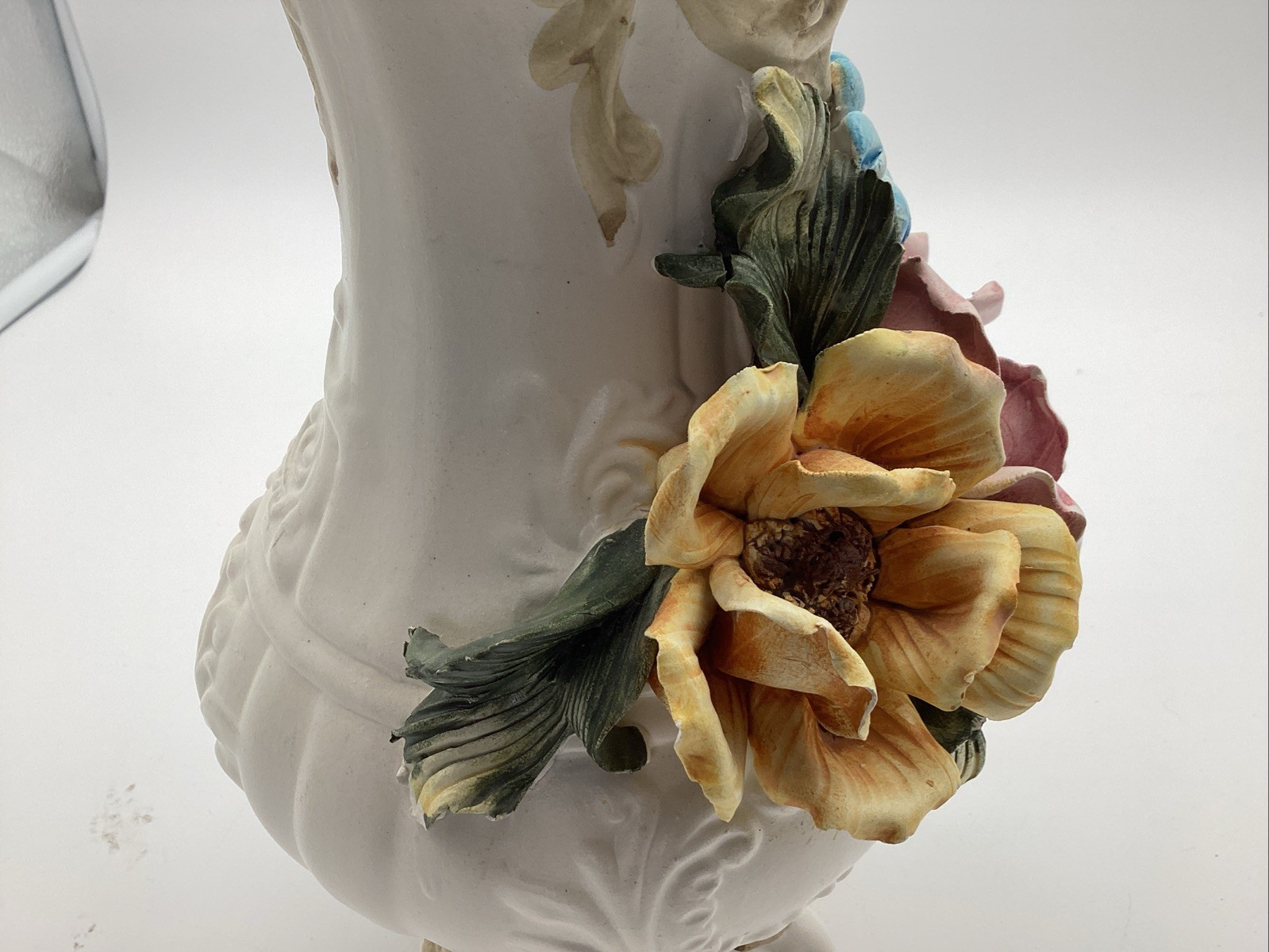 Vintage Capodimonte Italy Porcelain Floral Pitcher 10” Applied Flowers Crown N