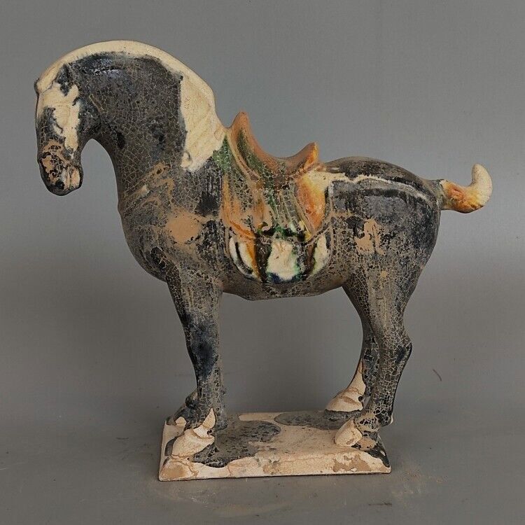 Chinese Tang Tri-Color Glazed Ceramics Black War Horse Porcelain Statue 8.3 inch