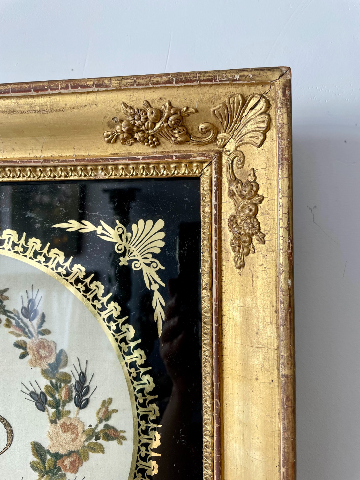 French Antique Silk Embroidered Initials and Floral Wreath in Giltwood Frame