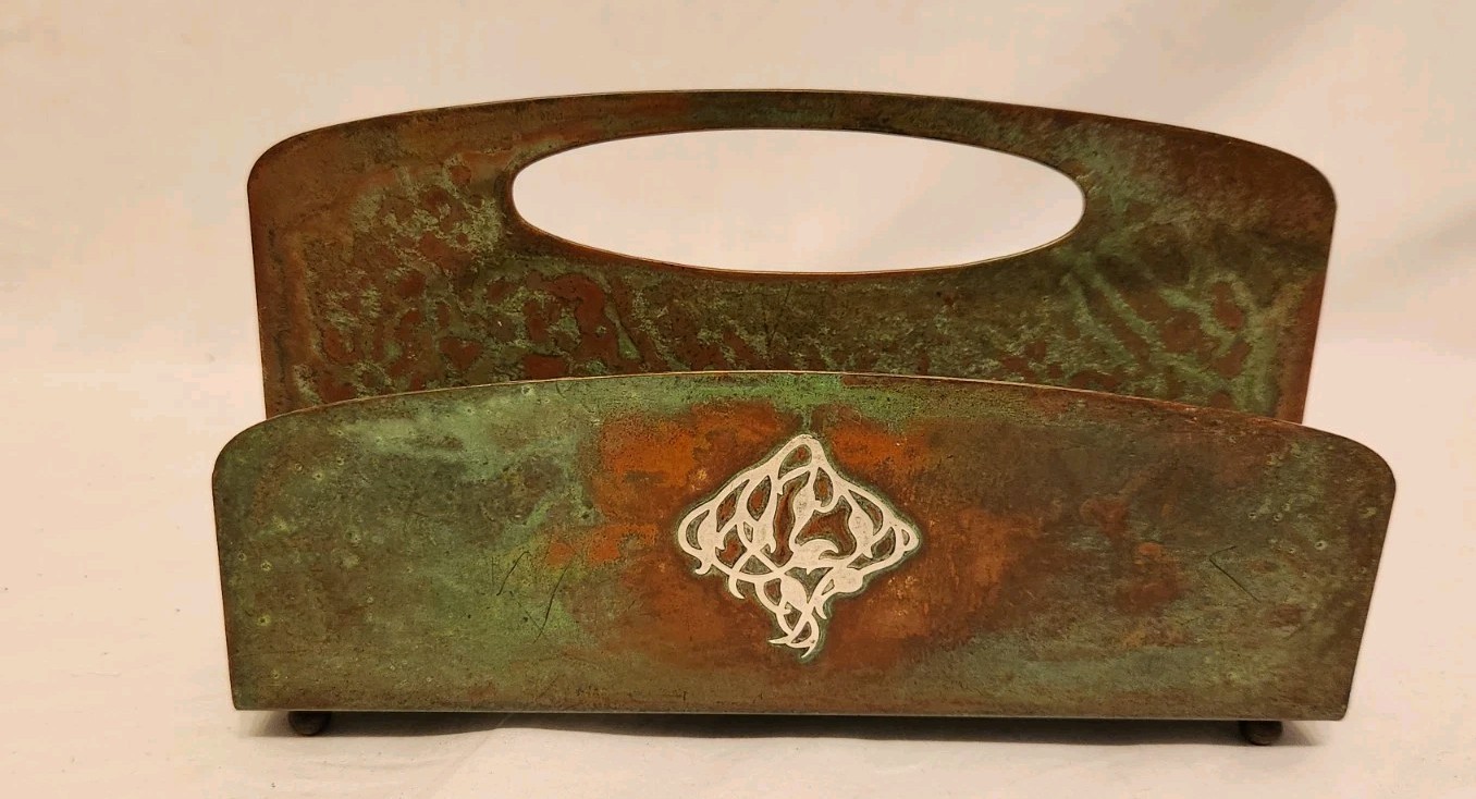 3 Piece Desk Set Sterling Over Bronze W/Green Patina Heintz Arts & Crafts Style