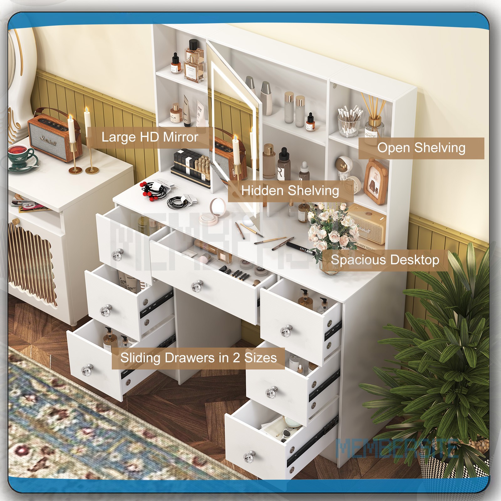 Vanity Desk With Smart LED Mirror Makeup Dressing Desk w/7 Drawers &Crystal Pull