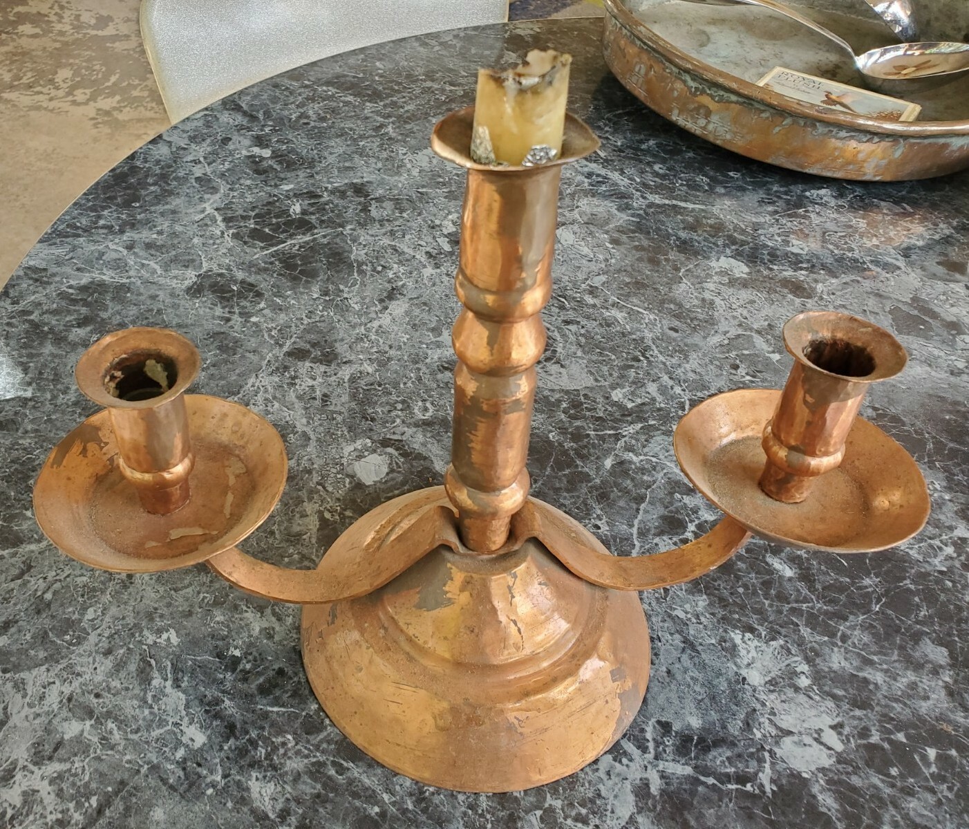 Antique Copper Candlestick Candelabra Hand Hammered primitive Made Aged Patina
