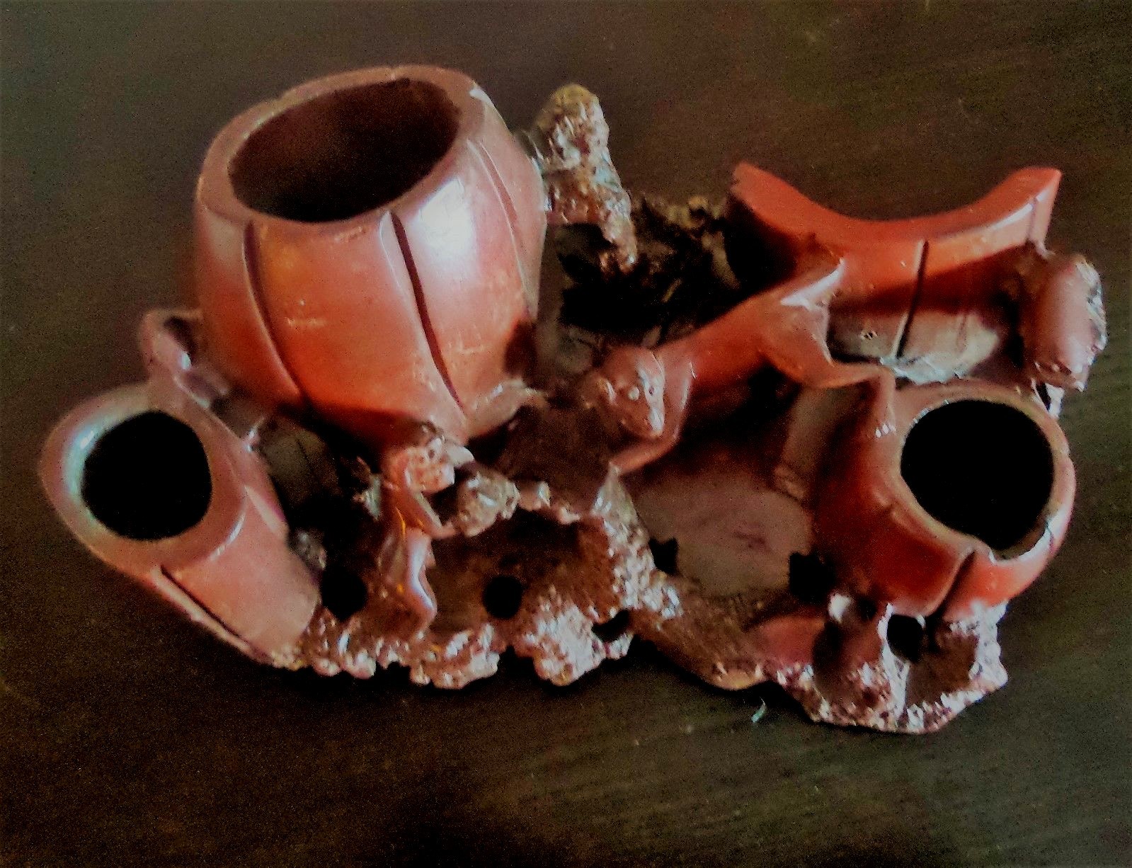 Vintage Hand Carved Red Soap Stone Monkeys,Barrels, Fish Wash Pot & Brush Holder