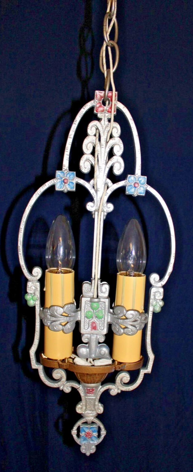 1920s Unique 2 Bulb Brushed Nickel Candle Riddle Co. Pendant Fixture Restored