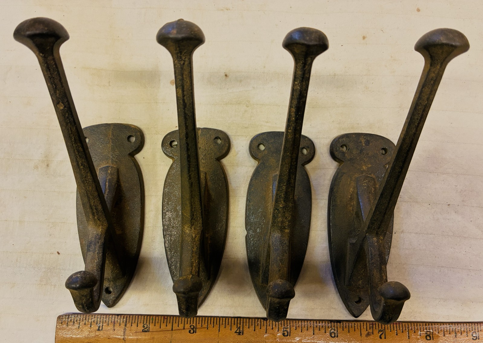 Antique Set of 4 Coat & Hat Hooks Cast Iron Vintage 1900 Original
