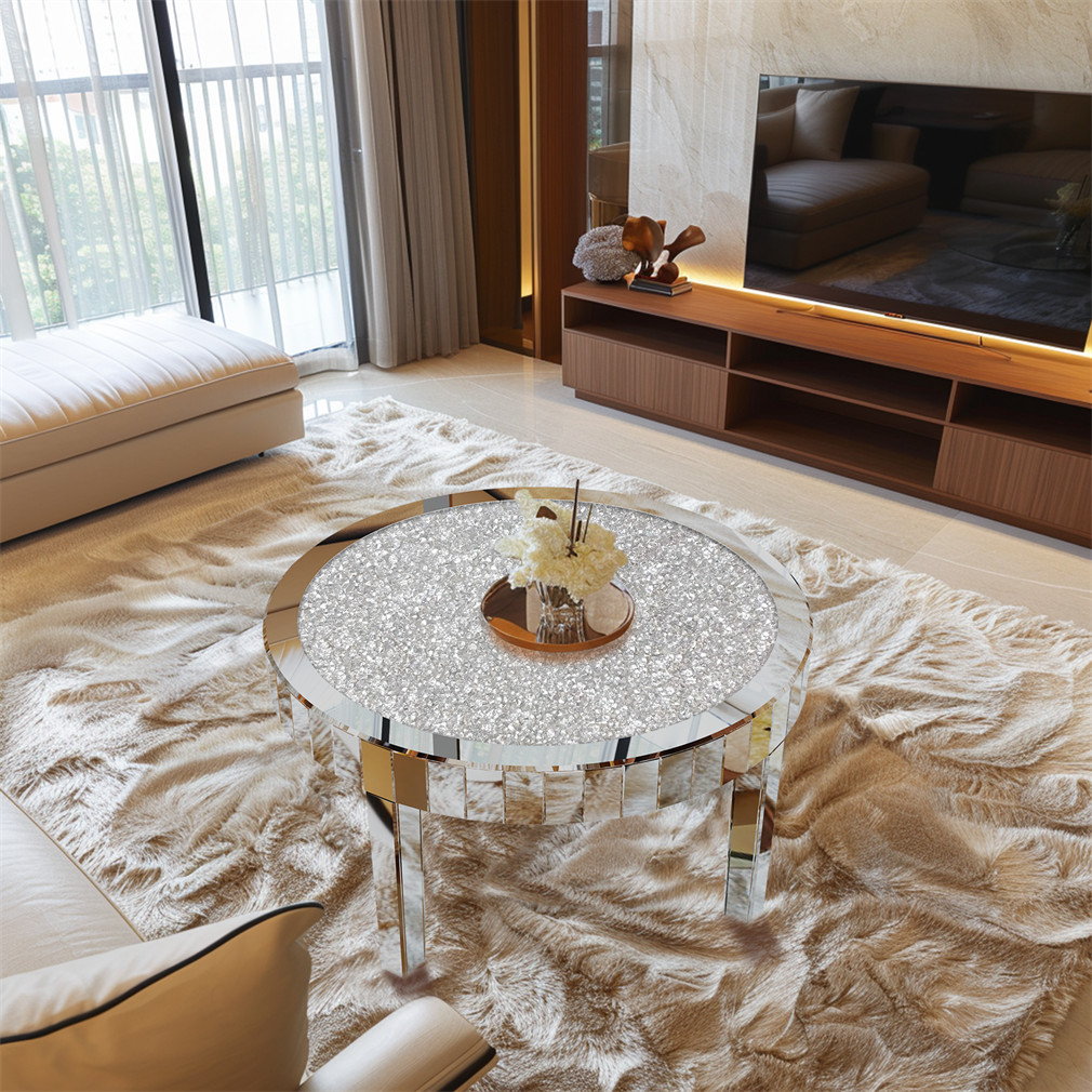 Mirrored Coffee Table Round Silver Accent Beveled Glass Edge Crystal Side Table