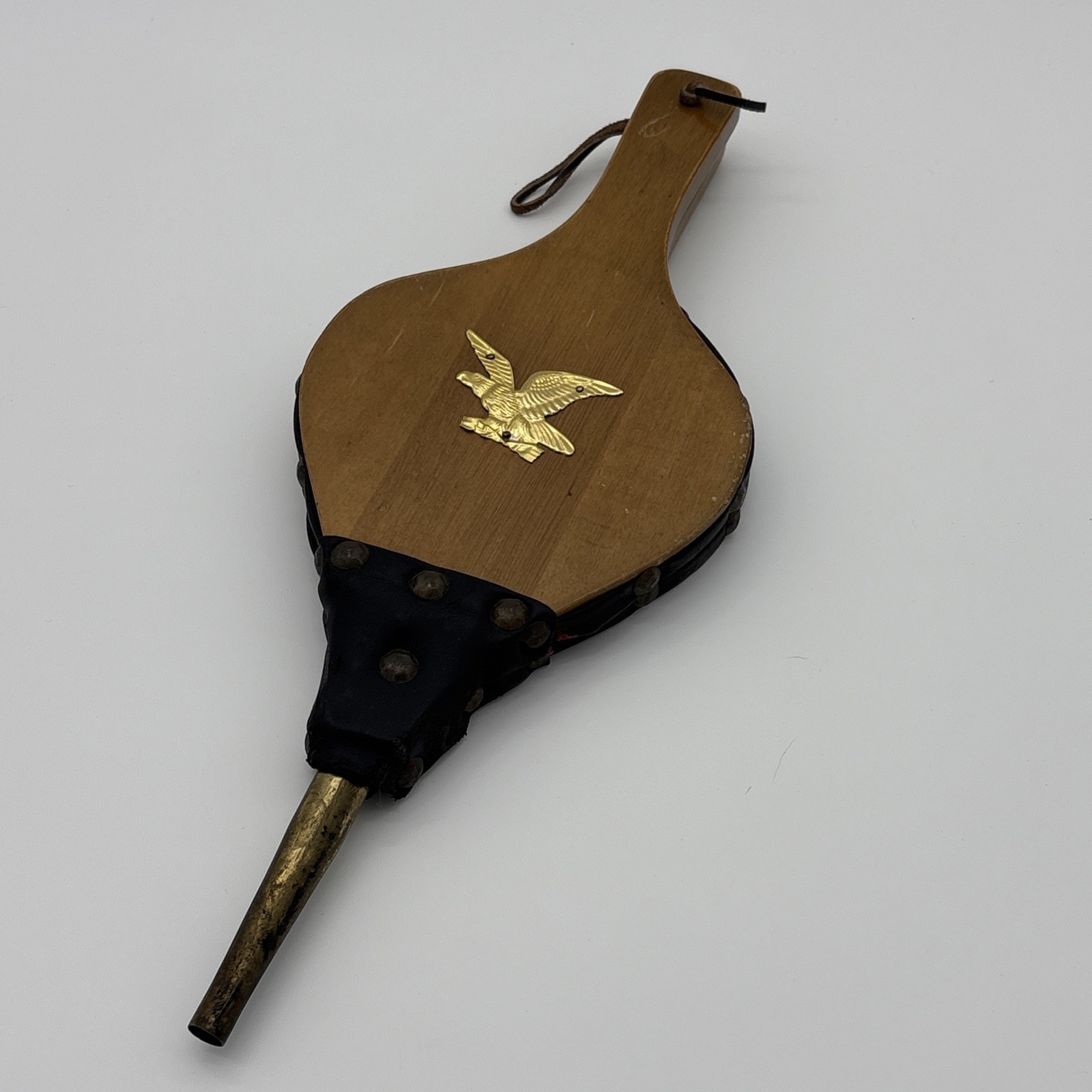 Vintage Fireplace Bellows Wood & Leather with Brass Eagle Emblem 15″