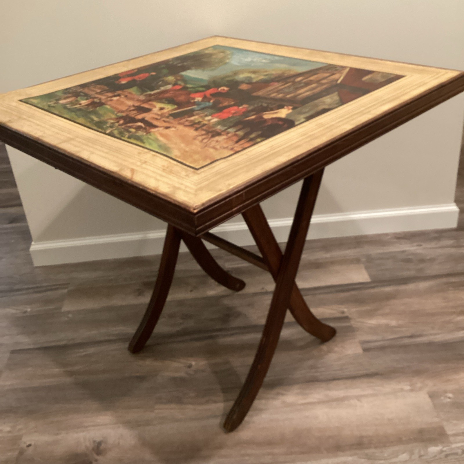 Vintage English Fox Hunt Scene Folding Card Table Fireplace Screen Wood Litho