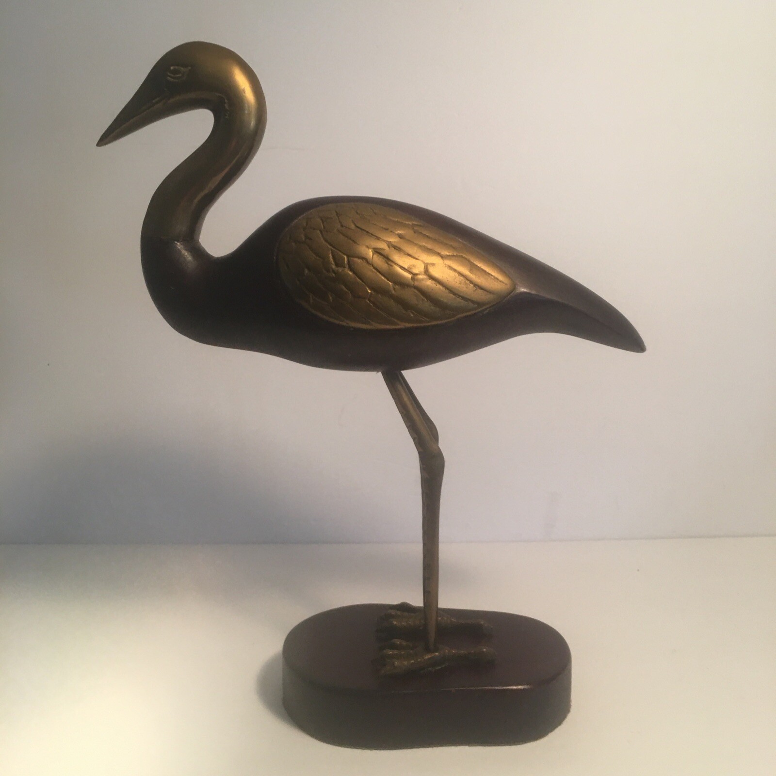 Brass Fitted Wooden Crane / Stork Bird Statue 13.5×10.5 inches