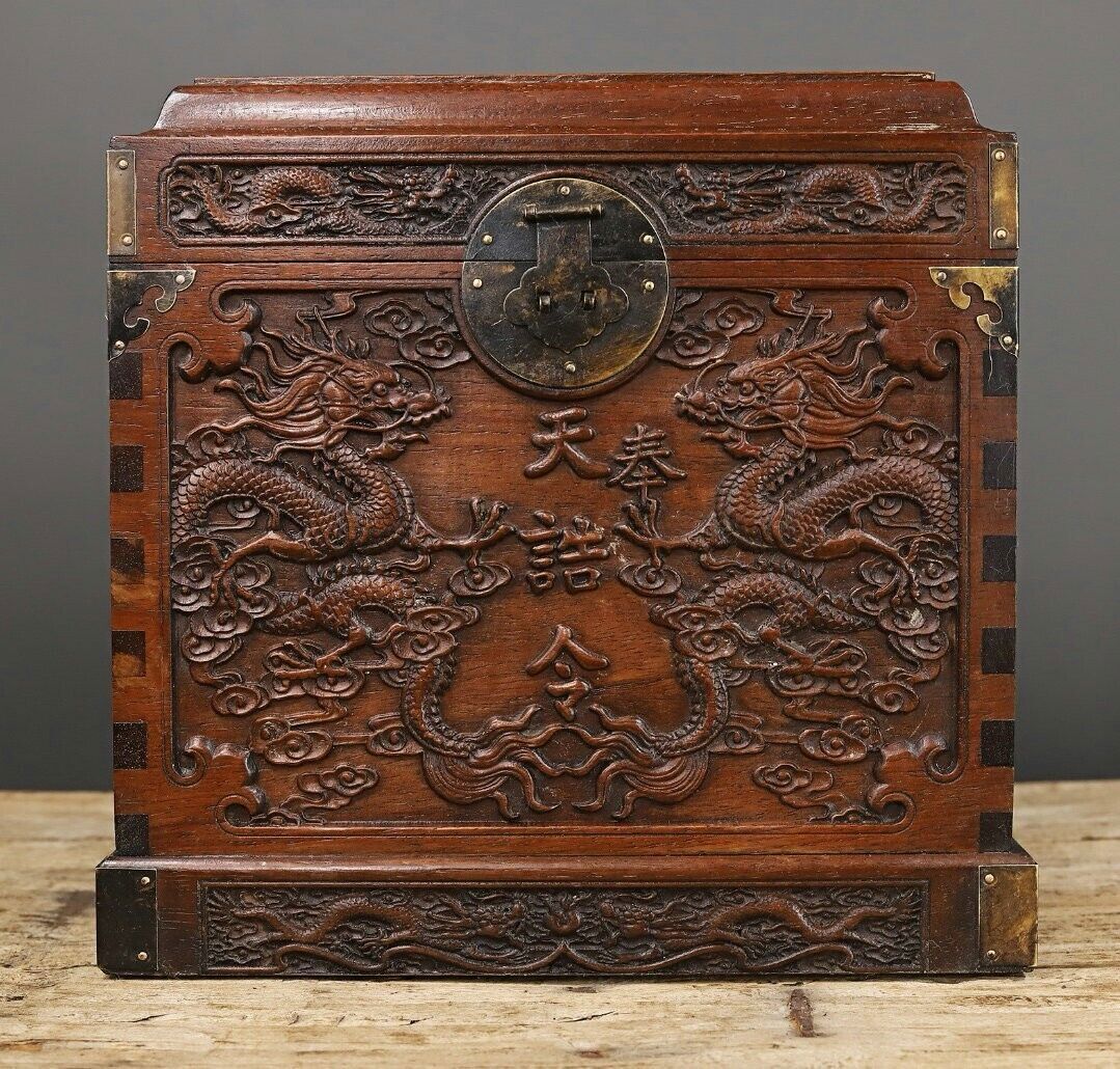 12.8″ Rare Old Chinese Rosewood Carved Dynasty Palace Dragon Beast Case Box