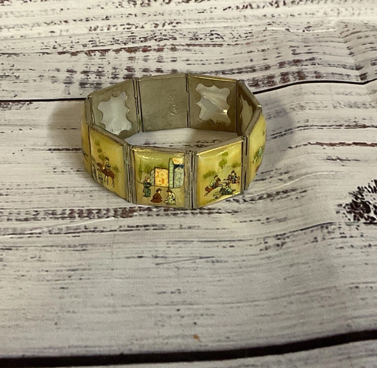 Vintage Middle Eastern Hand Painted Panel Bracelet MOP Scenes