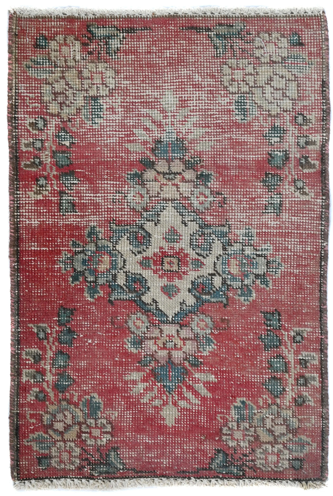 Semi Antique Distressed Oriental Rug Muted Floral Handmade Carpet 1’6X2’3 ft