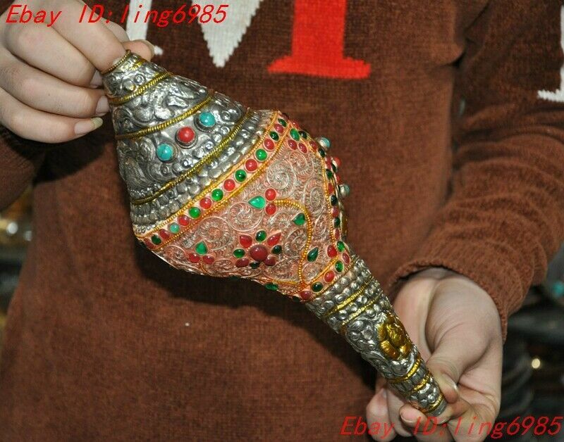 Tibet Conch Seashell Shell Tibetan silver Inlay gem Conch Trumpet Horn Shell