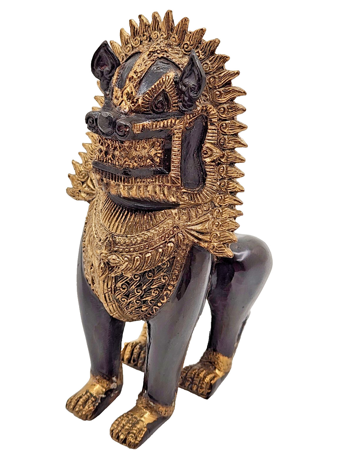 Vintage Thai Singha Temple Foo Dog Lion Guardian Brass Guilded Figure