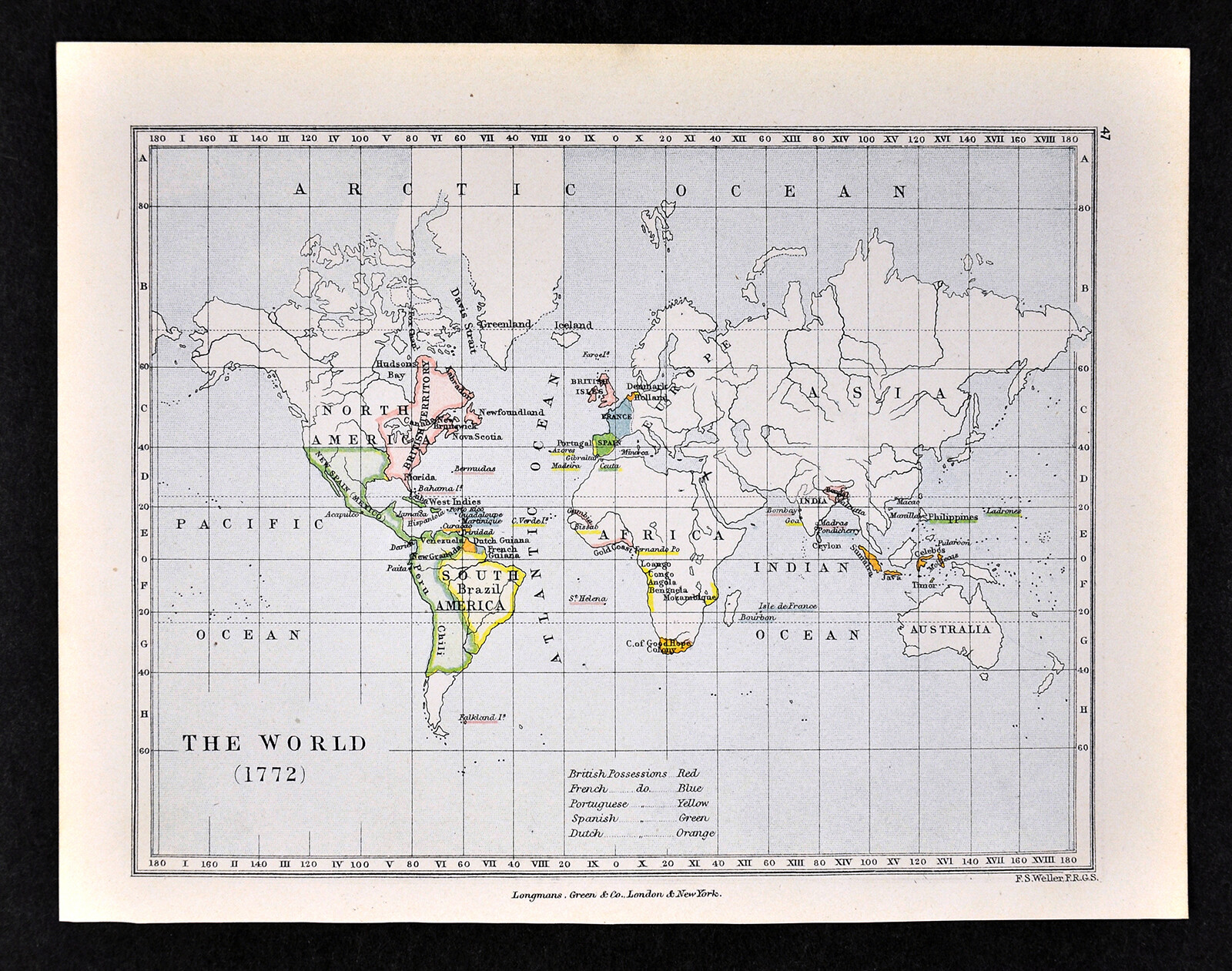 1892 Map The World in 1772 North South America Africa British Spanish Colonies