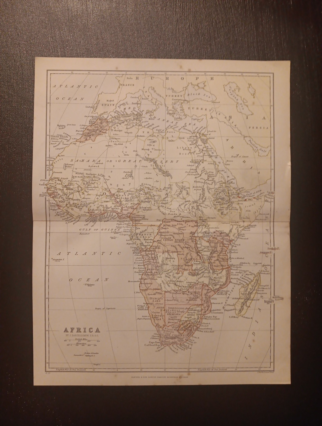 Antique 1895 Map Of Africa By J. Bartholomew. Blackie And Son 32cm X 25cm